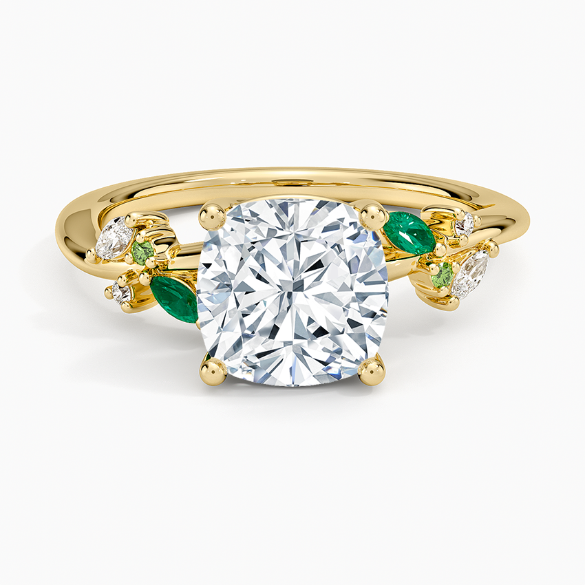 Arden Diamond Ring with Lab Emerald Accents - Cushion Cut Center Stone