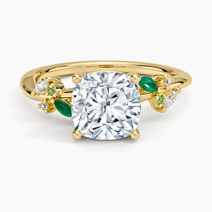 Arden Diamond Ring with Lab Emerald Accents - Cushion Cut Center Stone