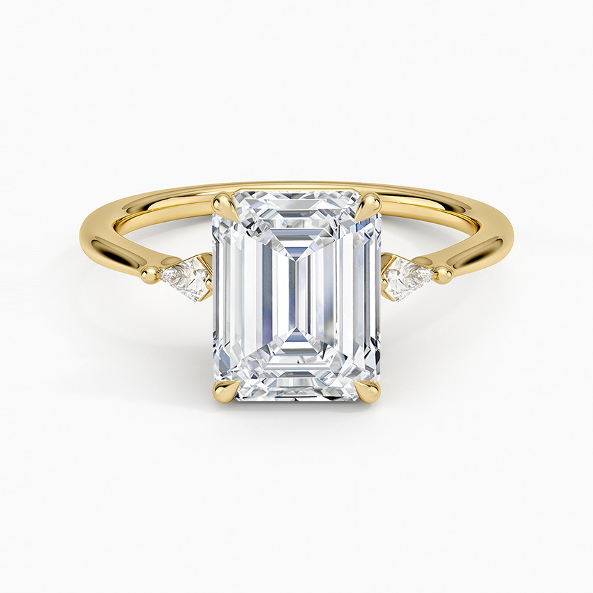 Petite Cometa Three Stone Diamond Ring - Emerald Cut Center Stone