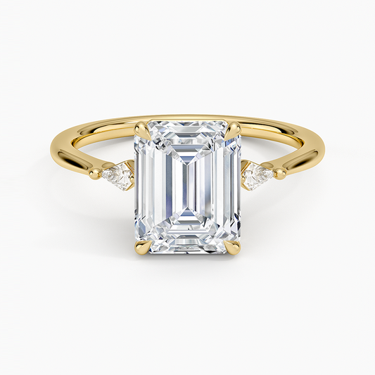 Petite Cometa Three Stone Diamond Ring - Emerald Cut Center Stone