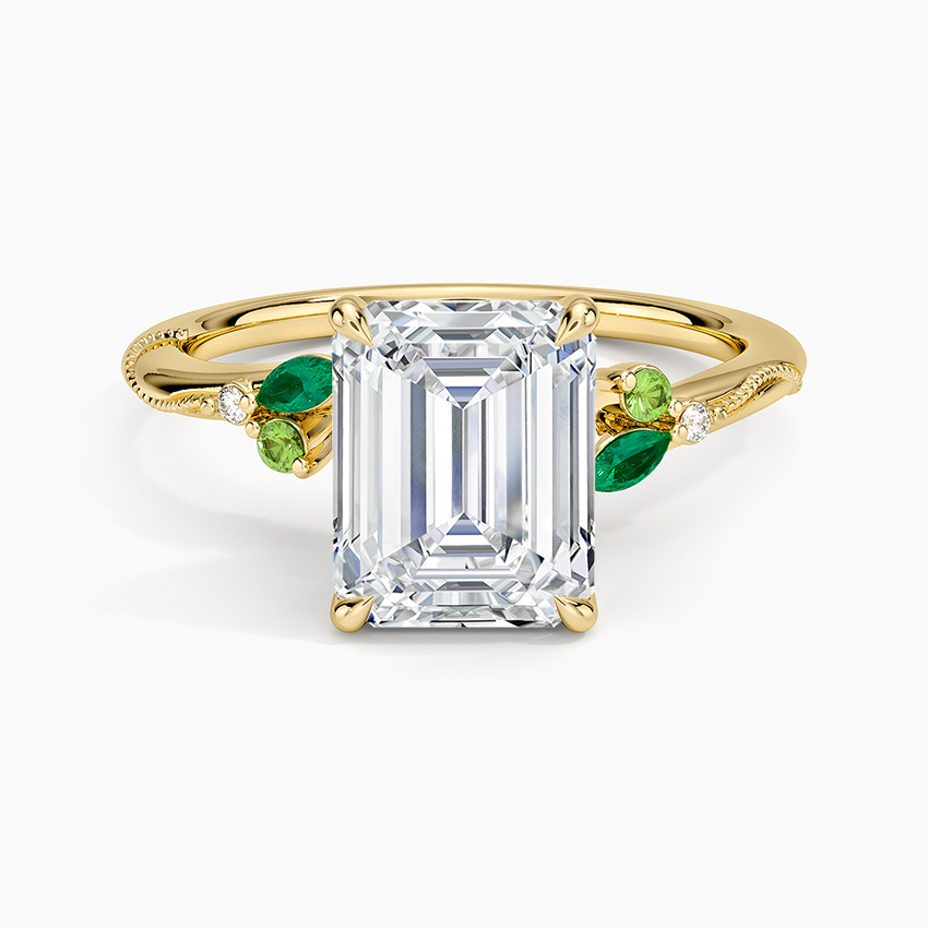 Camellia Milgrain Green Gemstone and Diamond Ring - Emerald Cut Center Stone