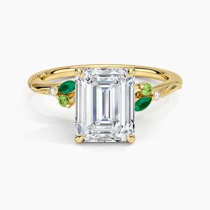 Camellia Milgrain Green Gemstone and Diamond Ring - Emerald Cut Center Stone