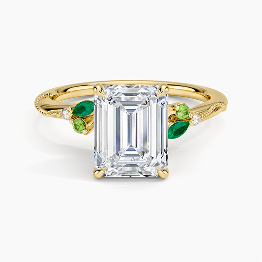 Camellia Milgrain Green Gemstone and Diamond Ring - Emerald Cut Center Stone