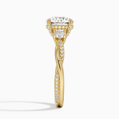 Adorned Petite Twisted Vine Three Stone Diamond Ring - Round Cut Center Stone
