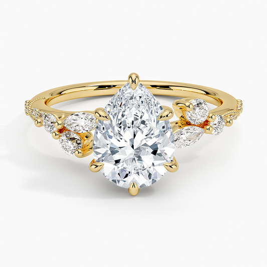 Luxe Camellia Milgrain Diamond Ring - Pear Center Stone