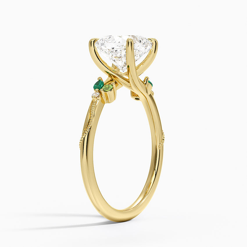 Camellia Milgrain Green Gemstone and Diamond Ring - Cushion Cut Center Stone