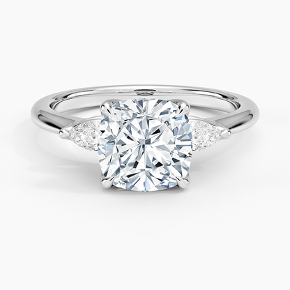Petite Fleur Three Stone Diamond Ring - Cushion Cut Center Stone