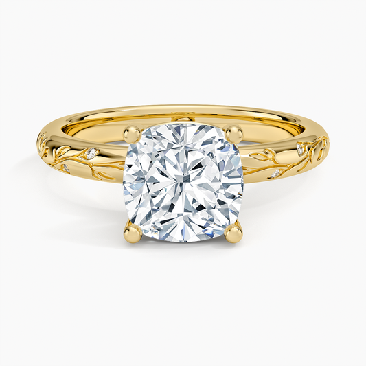 Verdure Engraved Diamond Solitaire Ring - Cushion Cut Center Stone