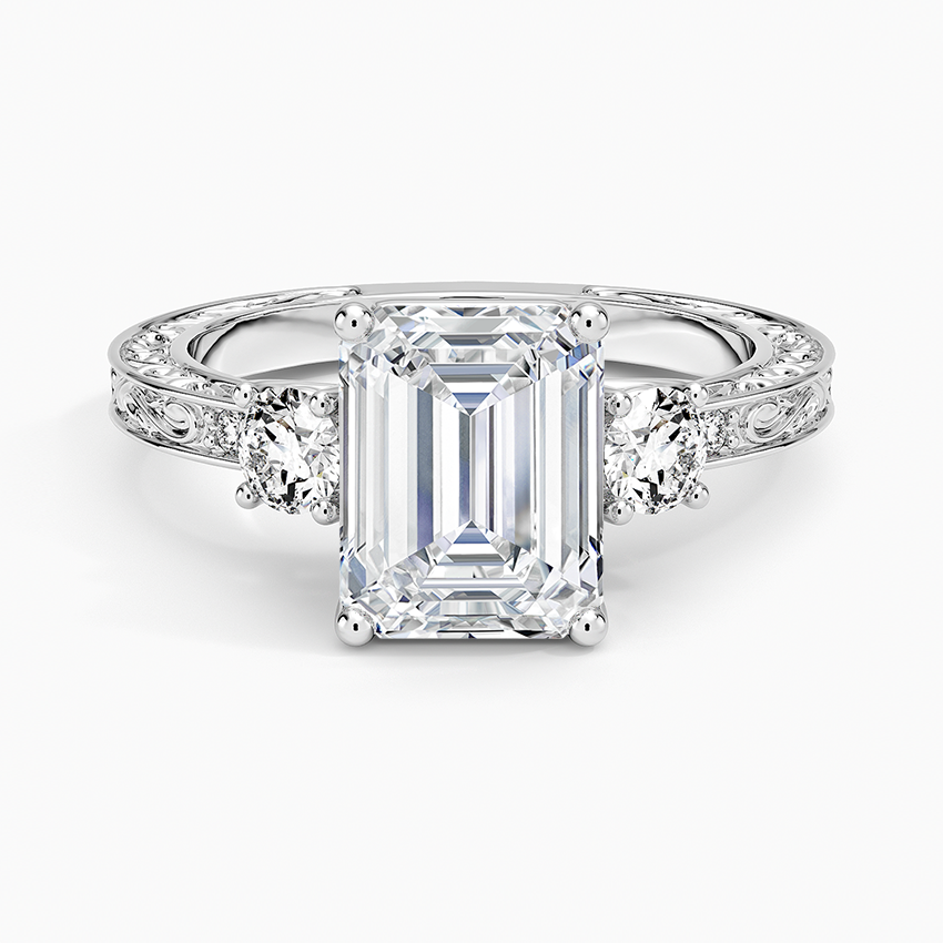 Antique Scroll Engraved Three Stone Diamond Ring (1/3 ct. tw.) - Emerald Cut Center Stone