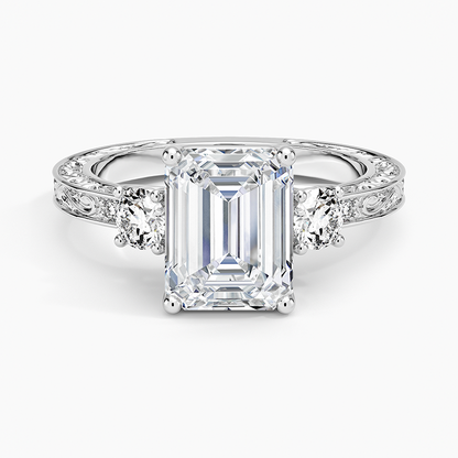 Antique Scroll Engraved Three Stone Diamond Ring (1/3 ct. tw.) - Emerald Cut Center Stone