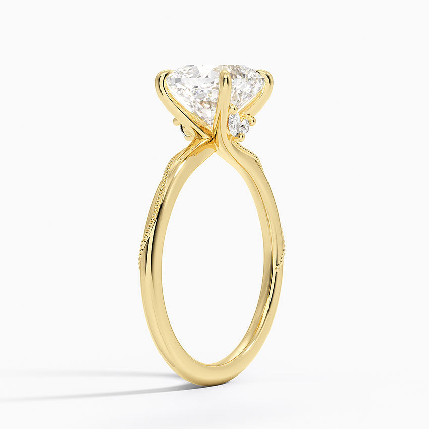 Adorned Camellia Milgrain Diamond Ring - Cushion Cut Center Stone