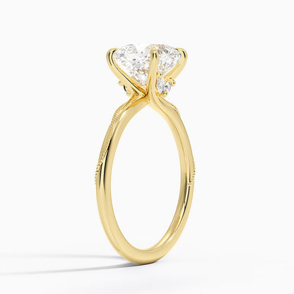 Adorned Camellia Milgrain Diamond Ring - Cushion Cut Center Stone