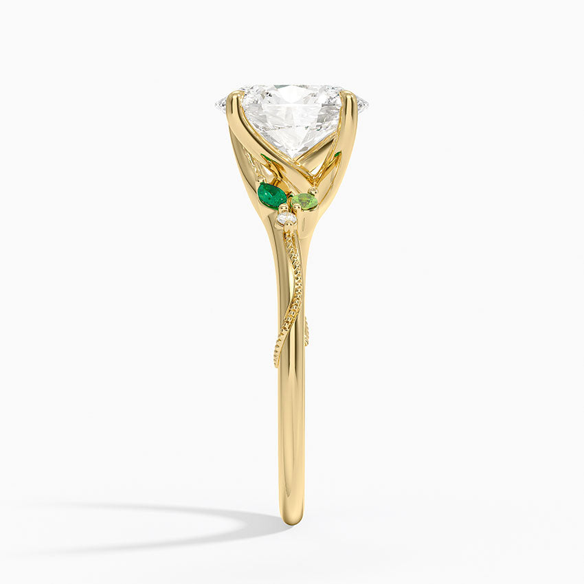Camellia Milgrain Green Gemstone and Diamond Ring - Oval Cut Center Stone