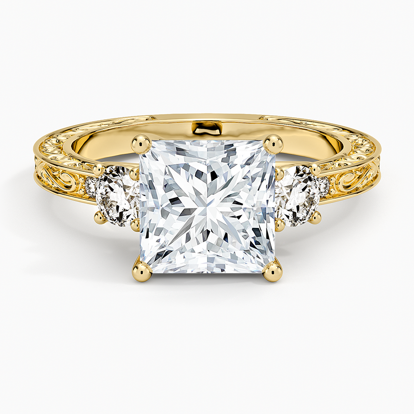 Antique Scroll Engraved Three Stone Diamond Ring (1/3 ct. tw.) - Princess Cut Center Stone