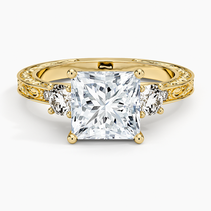 Antique Scroll Engraved Three Stone Diamond Ring (1/3 ct. tw.) - Princess Cut Center Stone