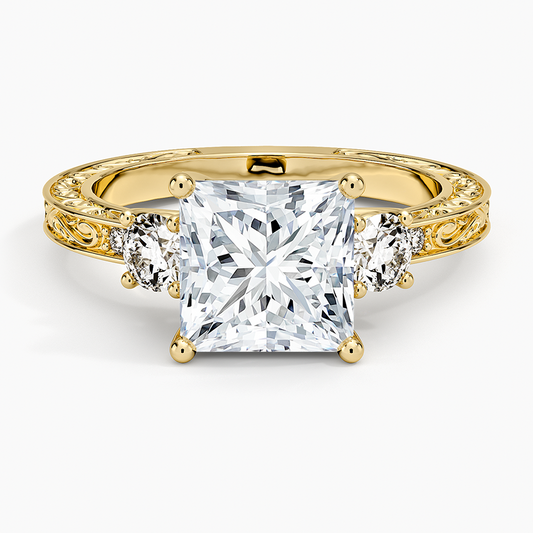 Antique Scroll Engraved Three Stone Diamond Ring (1/3 ct. tw.) - Princess Cut Center Stone