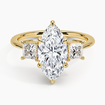 Princess Cut Three Stone Diamond Ring - Marquise Cut Center Stone