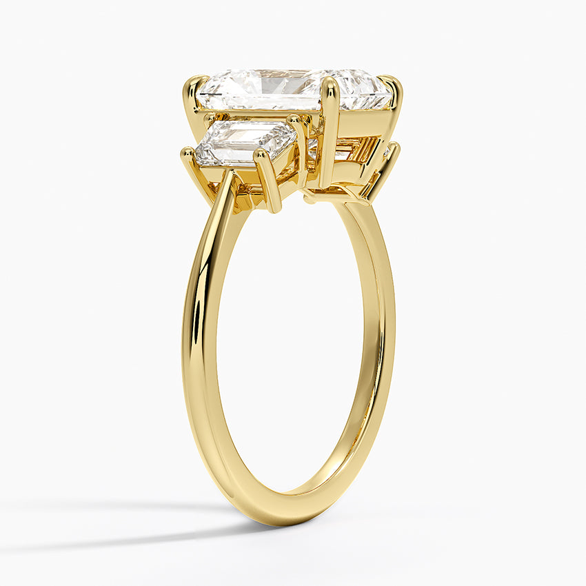 Luxe Embrace Three Stone Trapezoid Diamond Ring - Radiant Cut Center Stone