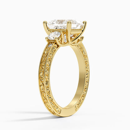 Antique Scroll Engraved Three Stone Diamond Ring (1/3 ct. tw.) - Princess Cut Center Stone