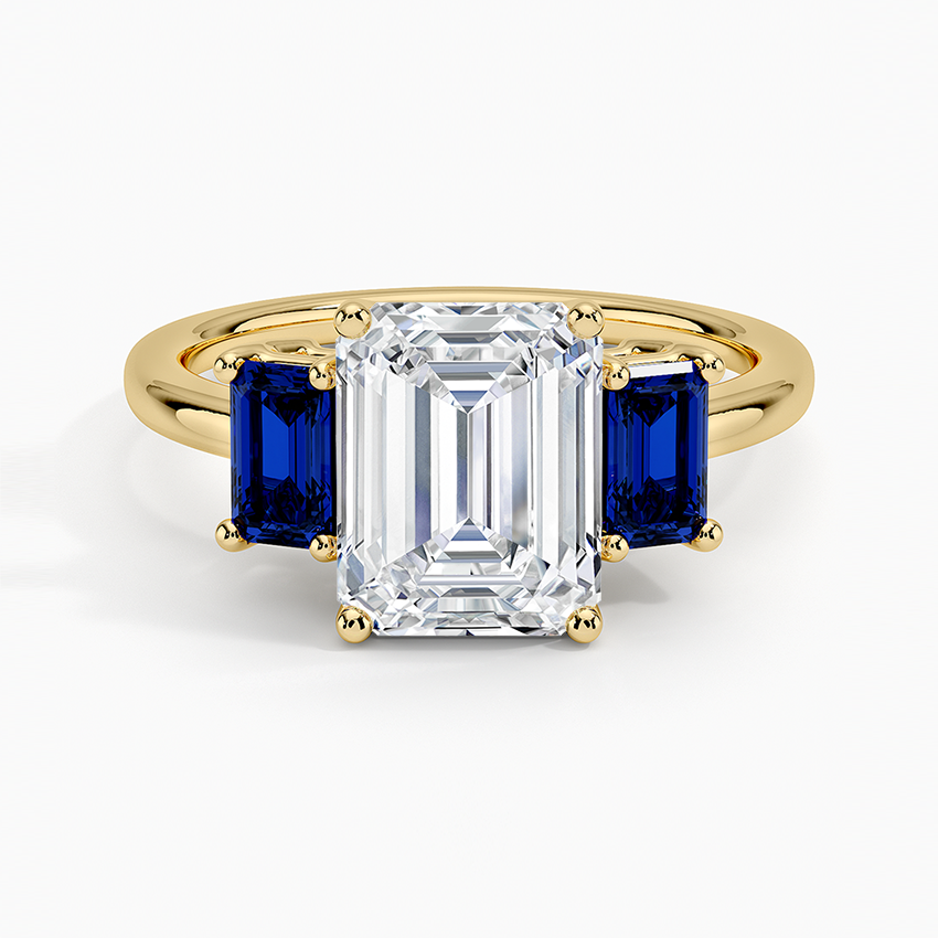 Luxe Rhiannon Three Stone Sapphire Ring - Emerald Cut Center Stone