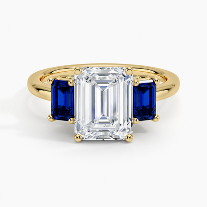 Luxe Rhiannon Three Stone Sapphire Ring - Emerald Cut Center Stone