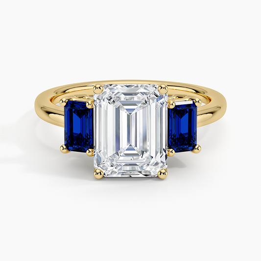Luxe Rhiannon Three Stone Sapphire Ring - Emerald Cut Center Stone