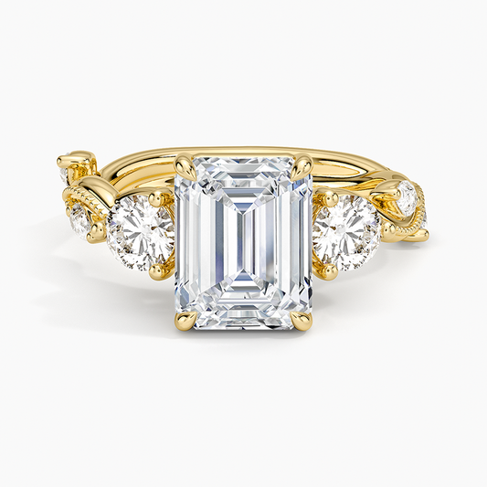 Vintage Secret Garden Three Stone Diamond Ring - Emerald Cut Center Stone