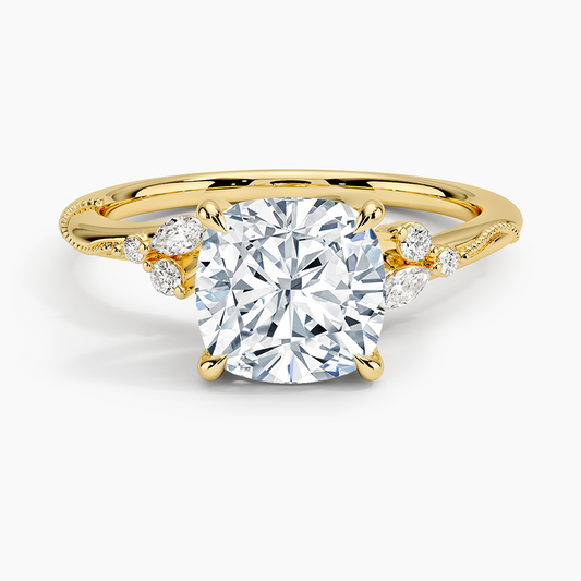 Camellia Milgrain Diamond Ring - Cushion Cut Center Stone