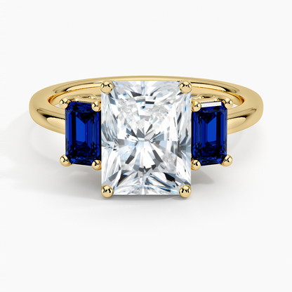 Luxe Rhiannon Three Stone Sapphire Ring - Radiant Cut Center Stone