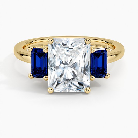 Luxe Rhiannon Three Stone Sapphire Ring - Radiant Cut Center Stone