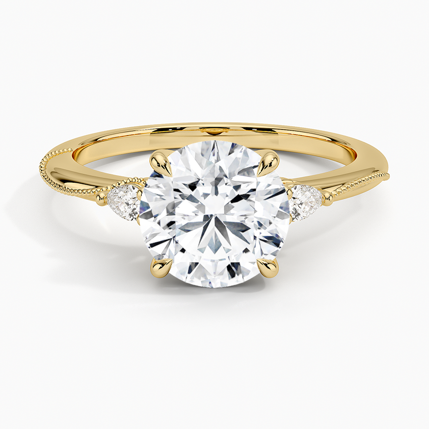 Camellia Three Stone Pear Diamond Ring - Round Center Stone