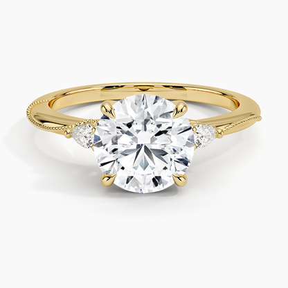 Camellia Three Stone Pear Diamond Ring - Round Center Stone