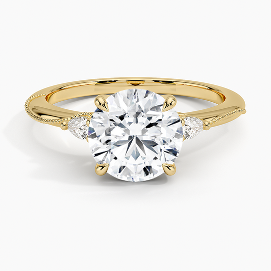 Camellia Three Stone Pear Diamond Ring - Round Center Stone