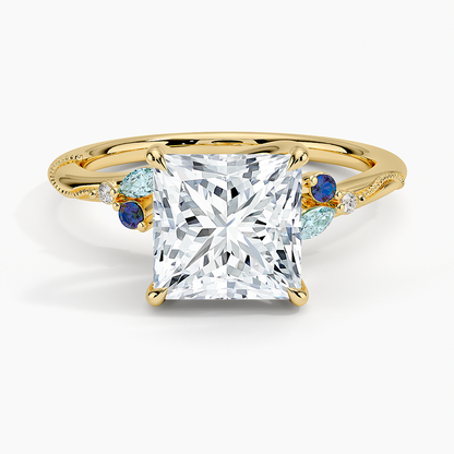 Camellia Indigo Milgrain Ring - Princess Cut Center Stone