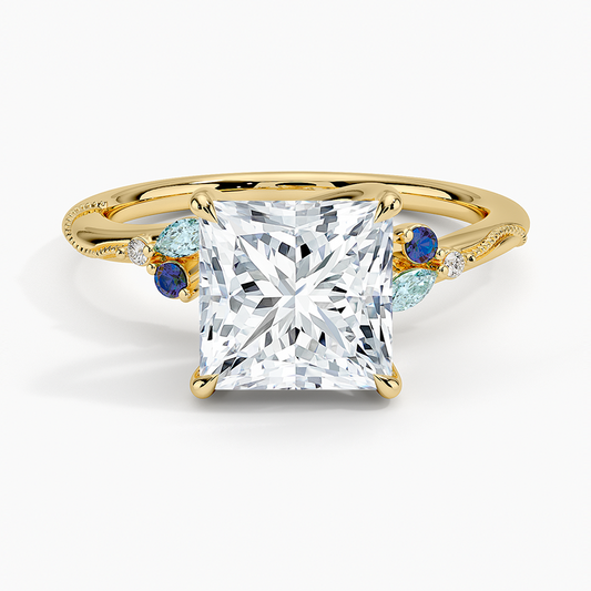 Camellia Indigo Milgrain Ring - Princess Cut Center Stone