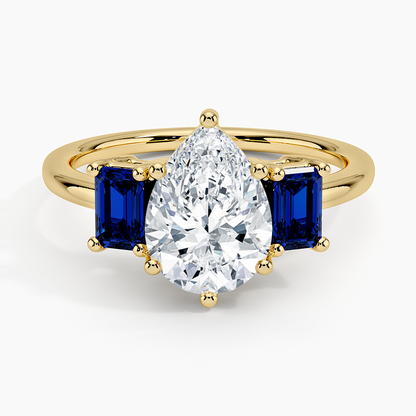 Luxe Rhiannon Three Stone Sapphire Ring - Pear Cut Center Stone