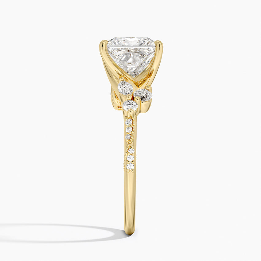 Luxe Camellia Milgrain Diamond Ring - Princess Cut Center Stone