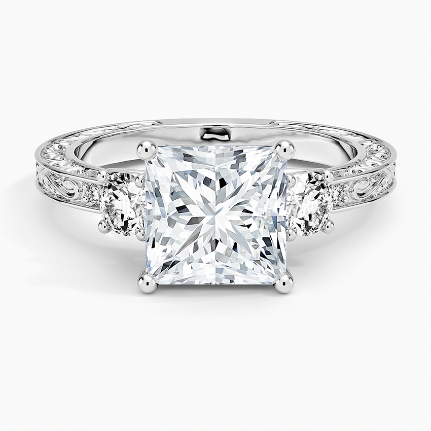 Antique Scroll Engraved Three Stone Diamond Ring (1/3 ct. tw.) - Princess Cut Center Stone