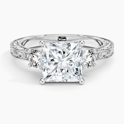 Antique Scroll Engraved Three Stone Diamond Ring (1/3 ct. tw.) - Princess Cut Center Stone