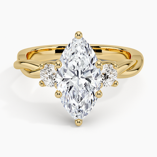 Twisted Vine Three Stone Diamond Ring - Marquise Cut Center Stone
