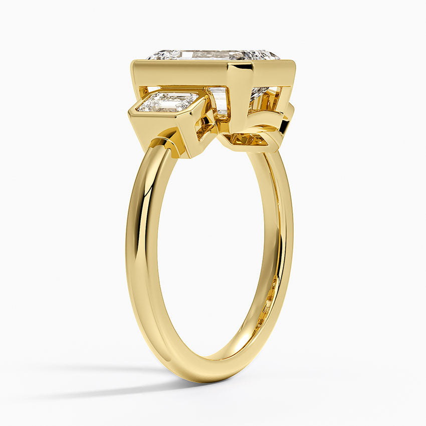 Rhiannon Bezel Three Stone Diamond Ring - Emerald Cut Center Stone