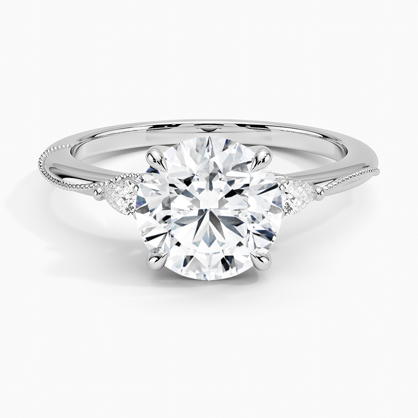 Camellia Three Stone Pear Diamond Ring - Round Center Stone