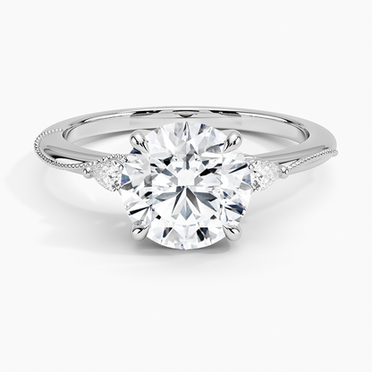 Camellia Three Stone Pear Diamond Ring - Round Center Stone