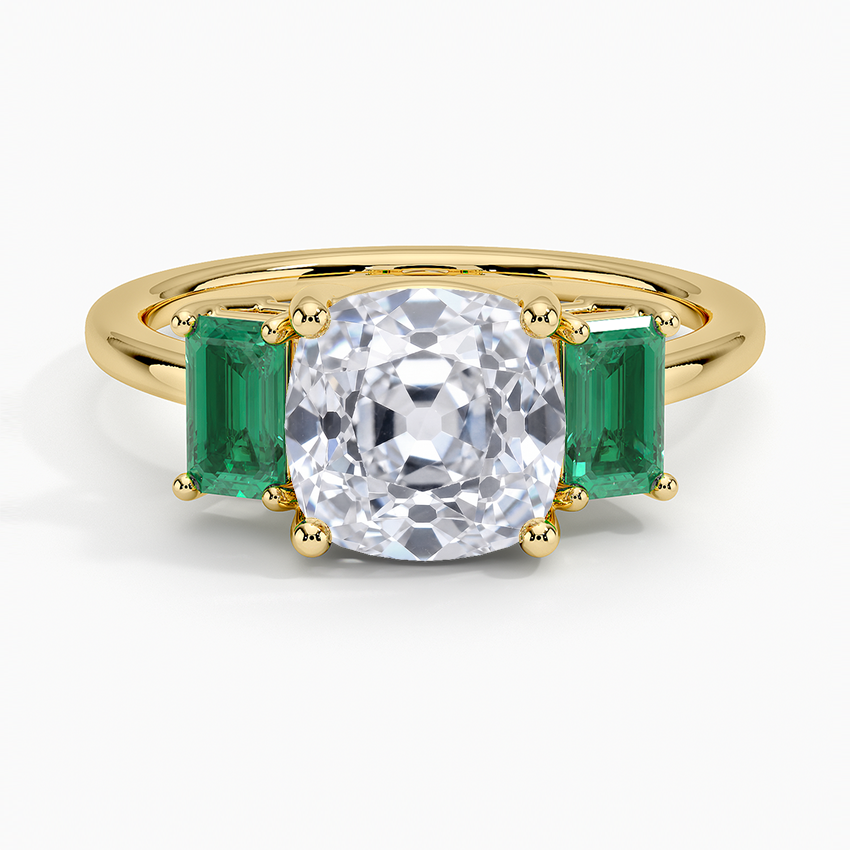 Luxe Rhiannon Three Stone Lab Emerald Ring - Old Mine Cut Center Stone