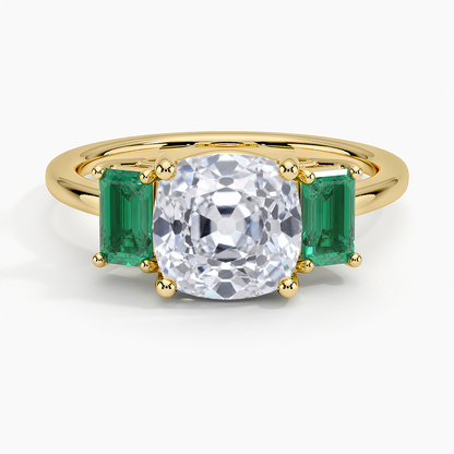 Luxe Rhiannon Three Stone Lab Emerald Ring - Old Mine Cut Center Stone