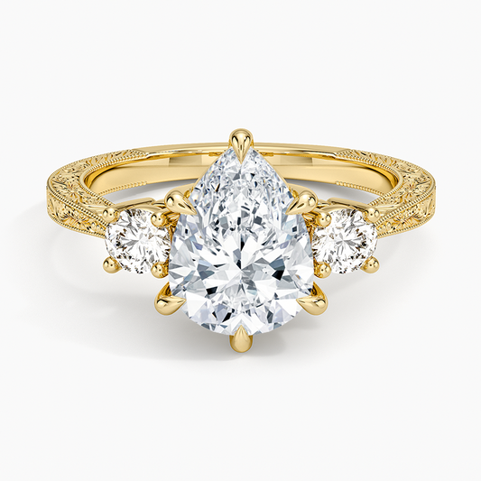 Elsie Three Stone Engraved Diamond Ring (1/3 ct. tw.) - Pear Center Stone