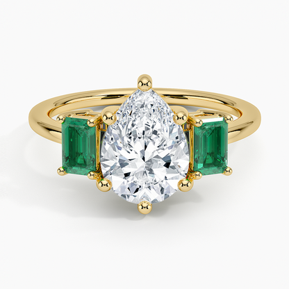 Luxe Rhiannon Three Stone Lab Emerald Ring - Pear Cut Center Stone