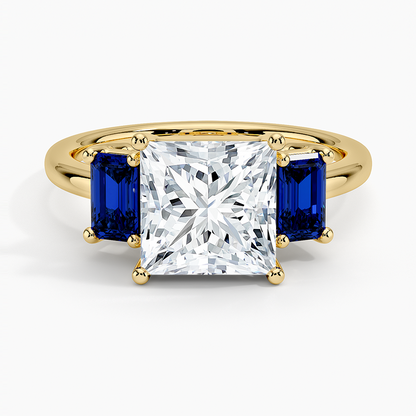 Luxe Rhiannon Three Stone Sapphire Ring - Princess Cut Center Stone