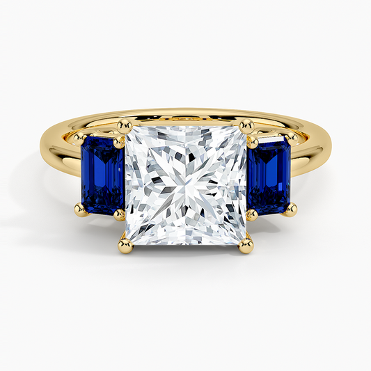 Luxe Rhiannon Three Stone Sapphire Ring - Princess Cut Center Stone
