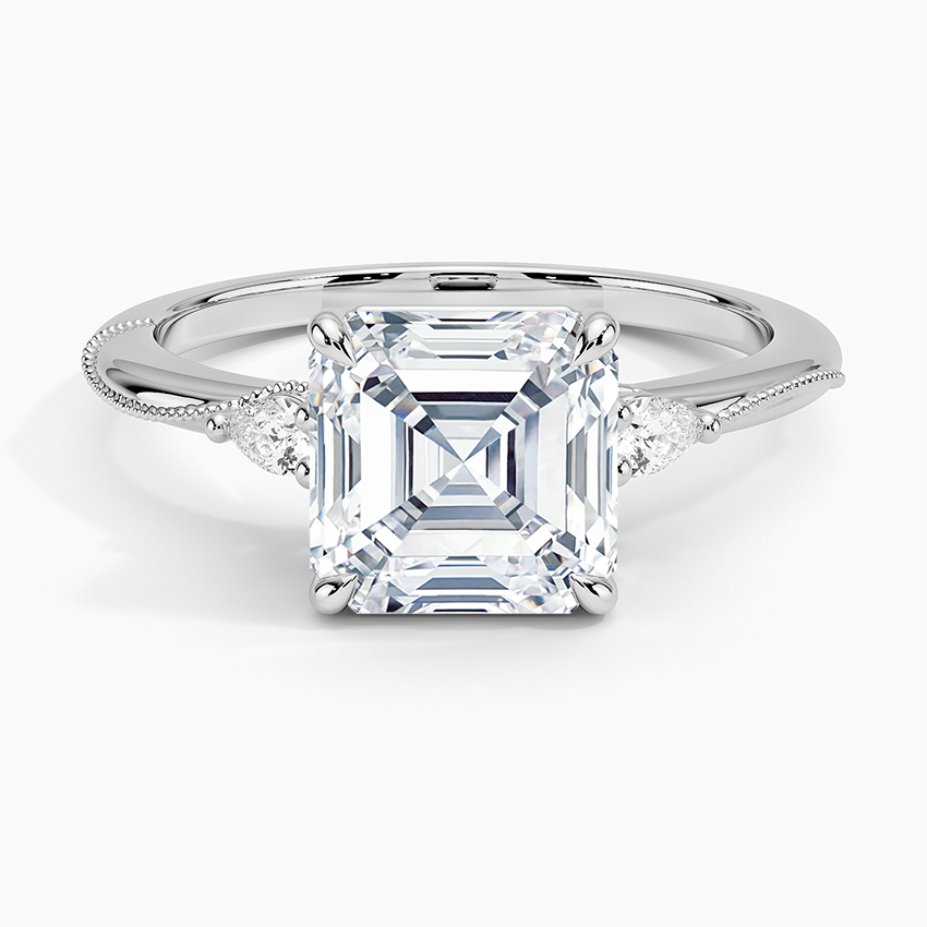 Camellia Three Stone Pear Diamond Ring - Asscher Cut Center Stone